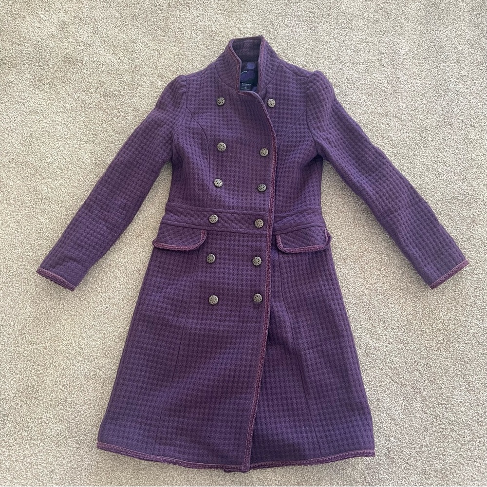 Purple Double Breasted Long Coat w Textured Waffle Knit Pattern Ornate Buttons - Picture 7 of 11